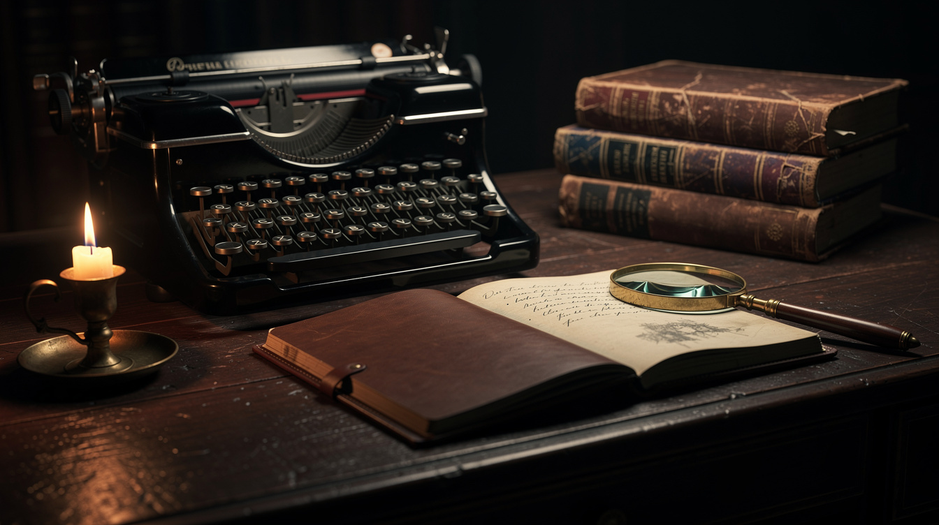 Moody writing desk with a vintage typewriter, magnifying glass and stack of old books lit by candlelight
