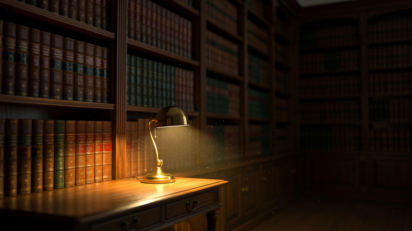 Tall wooden library shelves filled with old leather-bound books under warm lamp light