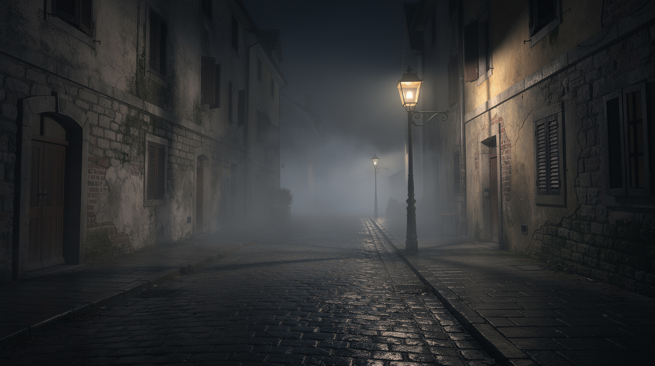 Dark foggy cobblestone street in an old European town at night lit by a single lamppost