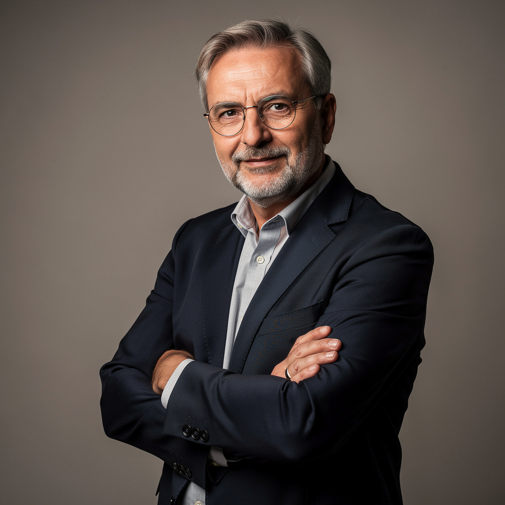 Studio portrait of a middle-aged Croatian male writer with a beard, wearing a dark blazer